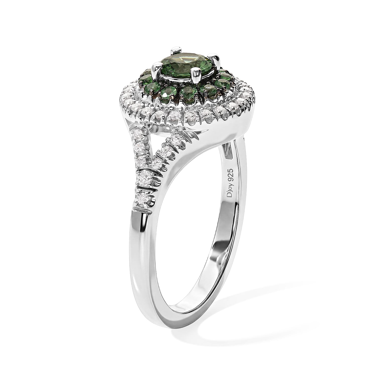 D'Joy Premium Tsavorite Garnet and Moissanite 1.00 ctw Floral Cluster Ring in Rhodium Over Sterling Silver (Size 6.0)