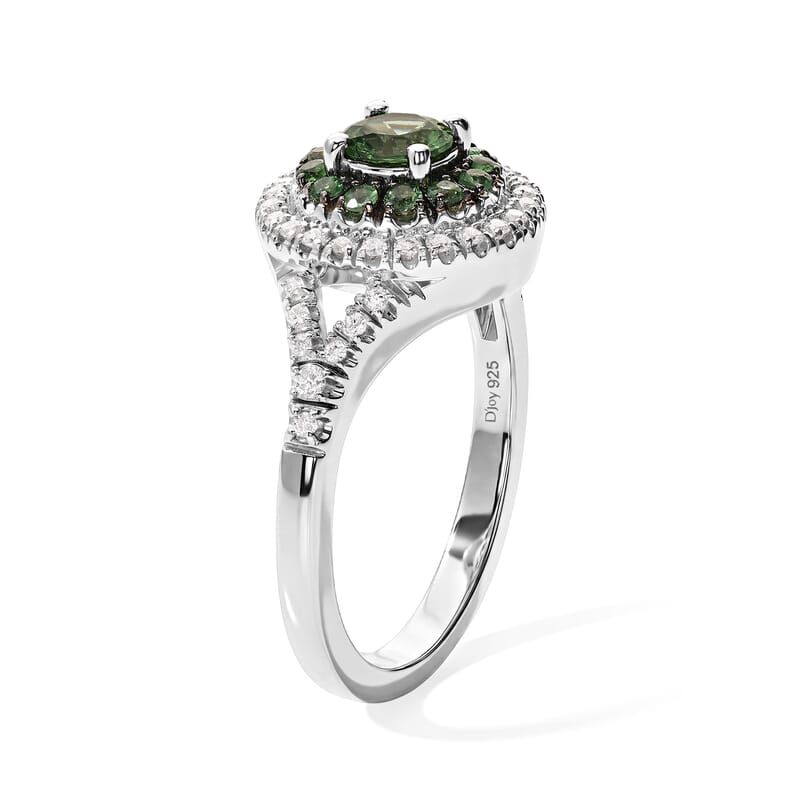 D'Joy Premium Tsavorite Garnet and Moissanite 1.00 ctw Floral Cluster Ring in Rhodium Over Sterling Silver (Size 6.0)