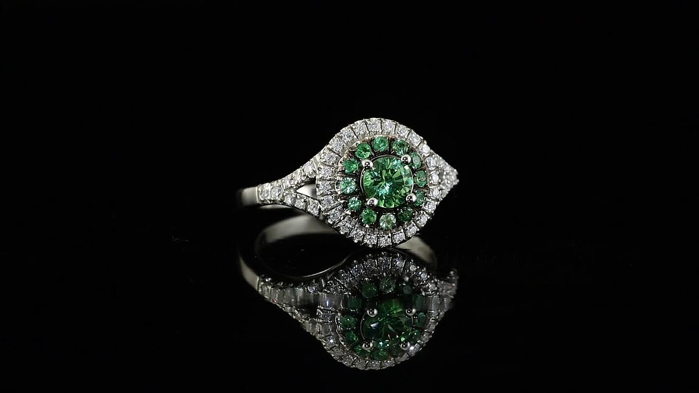 D''Joy Premium Tsavorite Garnet, Moissanite Ring in Rhodium Over Sterling Silver (Size 10.0) 1.00 ctw