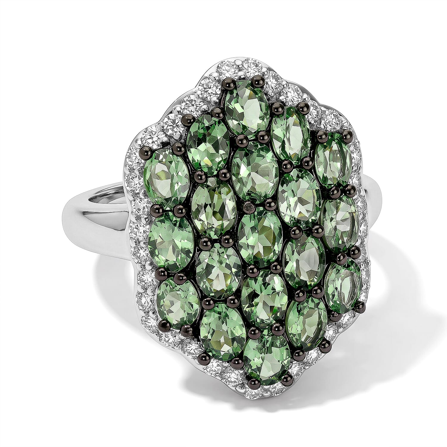 D'Joy Premium Tsavorite Garnet and Moissanite 4.90 ctw Bloom Cluster Ring in Rhodium Over Sterling Silver (Size 6.0)