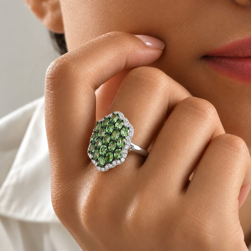 D'Joy Premium Tsavorite Garnet and Moissanite 4.90 ctw Bloom Cluster Ring in Rhodium Over Sterling Silver (Size 6.0)