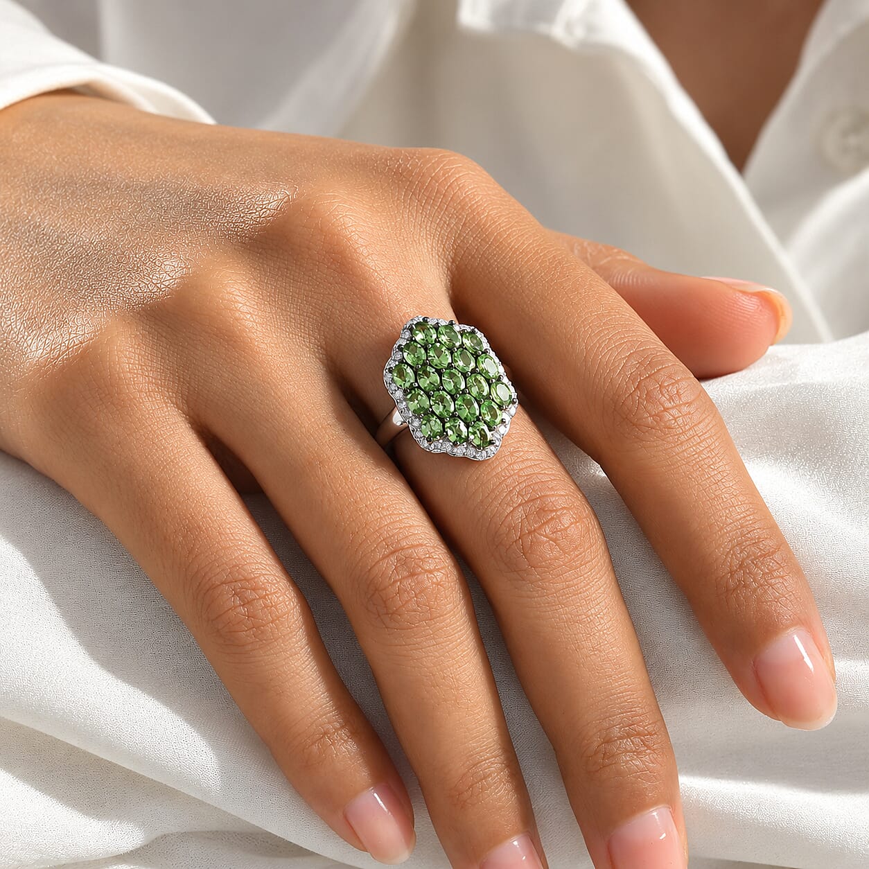 D'Joy Premium Tsavorite Garnet and Moissanite 4.90 ctw Bloom Cluster Ring in Rhodium Over Sterling Silver (Size 6.0)