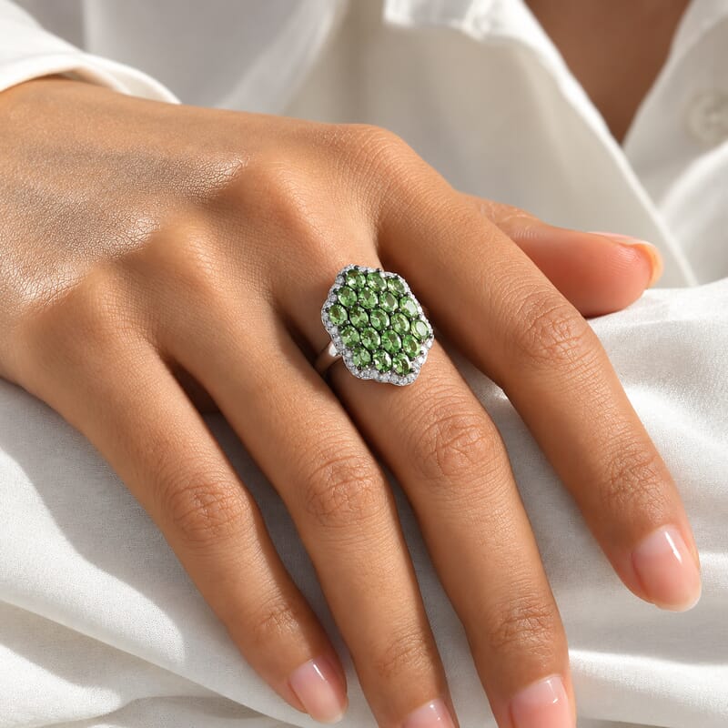 D'Joy Premium Tsavorite Garnet and Moissanite 4.90 ctw Bloom Cluster Ring in Rhodium Over Sterling Silver (Size 6.0)