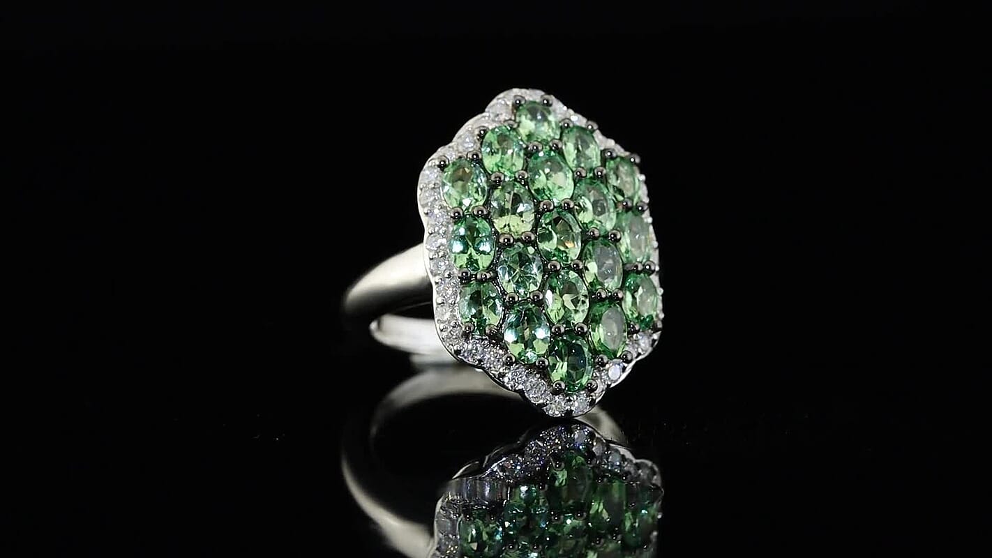 D''Joy Premium Tsavorite Garnet, Moissanite Cluster Ring in Rhodium Over Sterling Silver (Size 10.0) 3.85 ctw