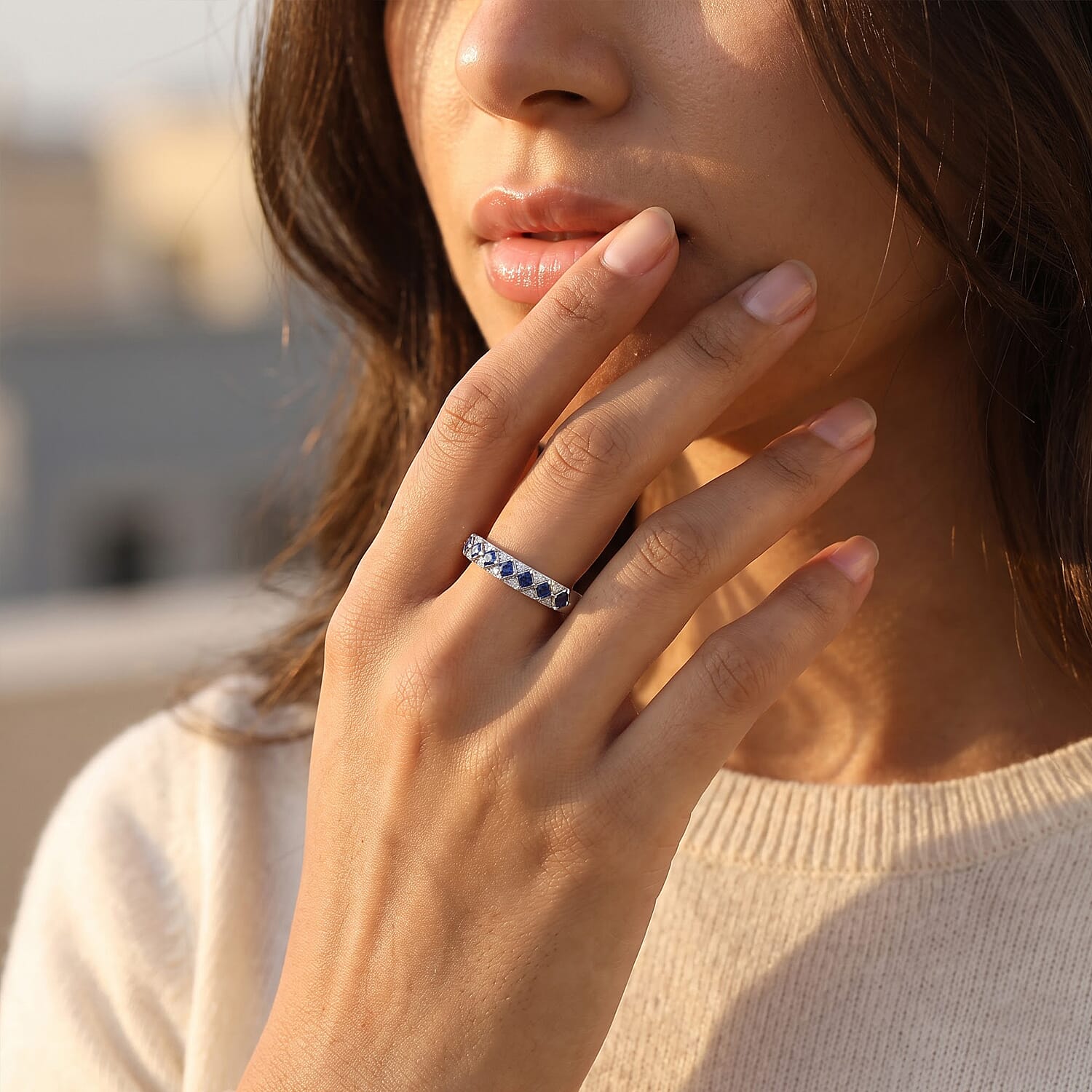 Certified and Appraised D'Joy AAA Ceylon Blue Sapphire and Moissanite 1.00 ctw Ring in Rhodium Over Sterling Silver (Size 6.0)