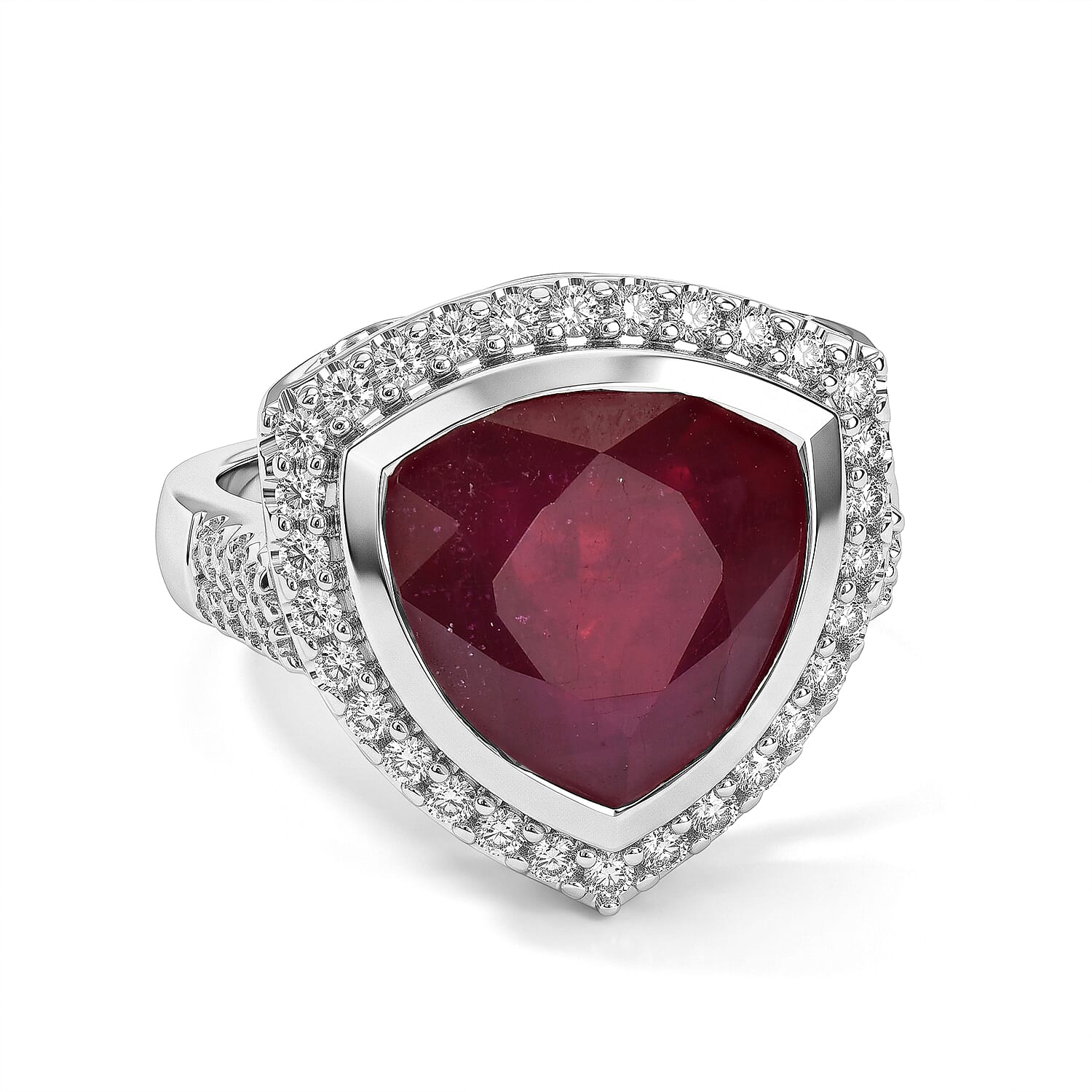 Certified and Appraised D''Joy Premium Niassa Ruby (FF), Moissanite Ring in Rhodium Over Sterling Silver (Size 10.0) 8.70 ctw
