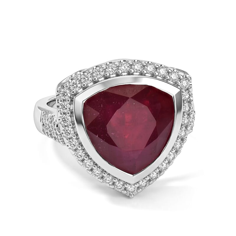 Certified and Appraised D'Joy Premium Niassa Ruby (FF) and Moissanite 8.70 ctw Ring in Rhodium Over Sterling Silver (Size 6.0)