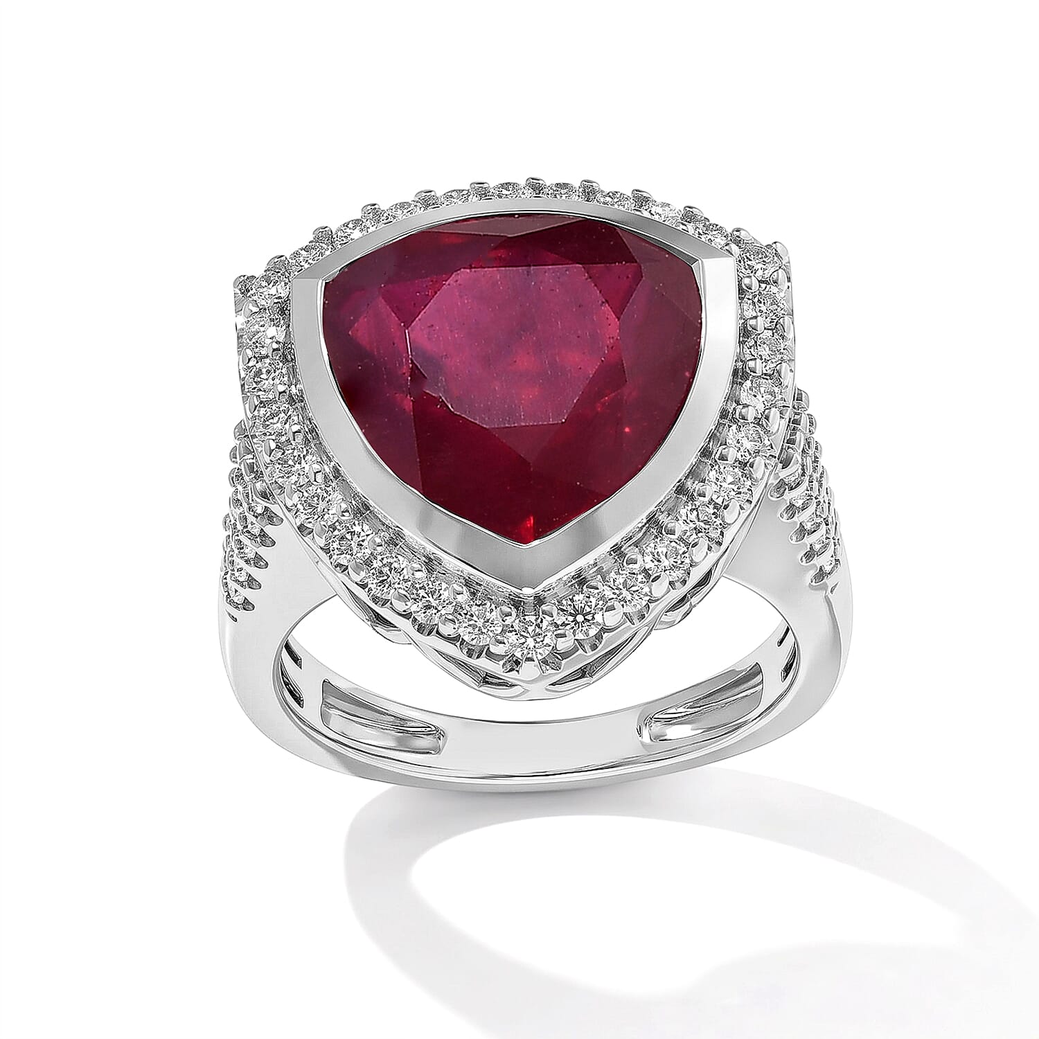 Certified and Appraised D'Joy Premium Niassa Ruby (FF) and Moissanite 8.70 ctw Ring in Rhodium Over Sterling Silver (Size 6.0)