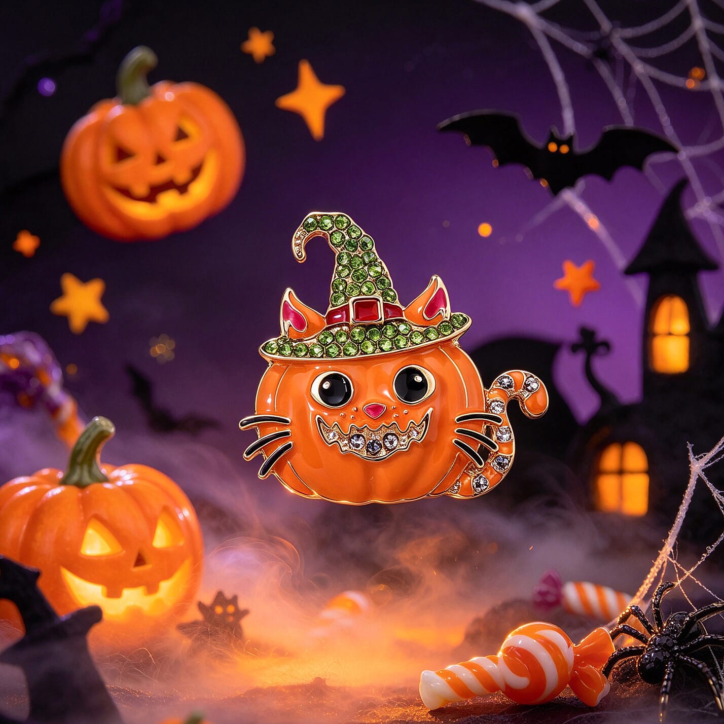 Green Austrian Crystal Pumpkin Enameled Brooch