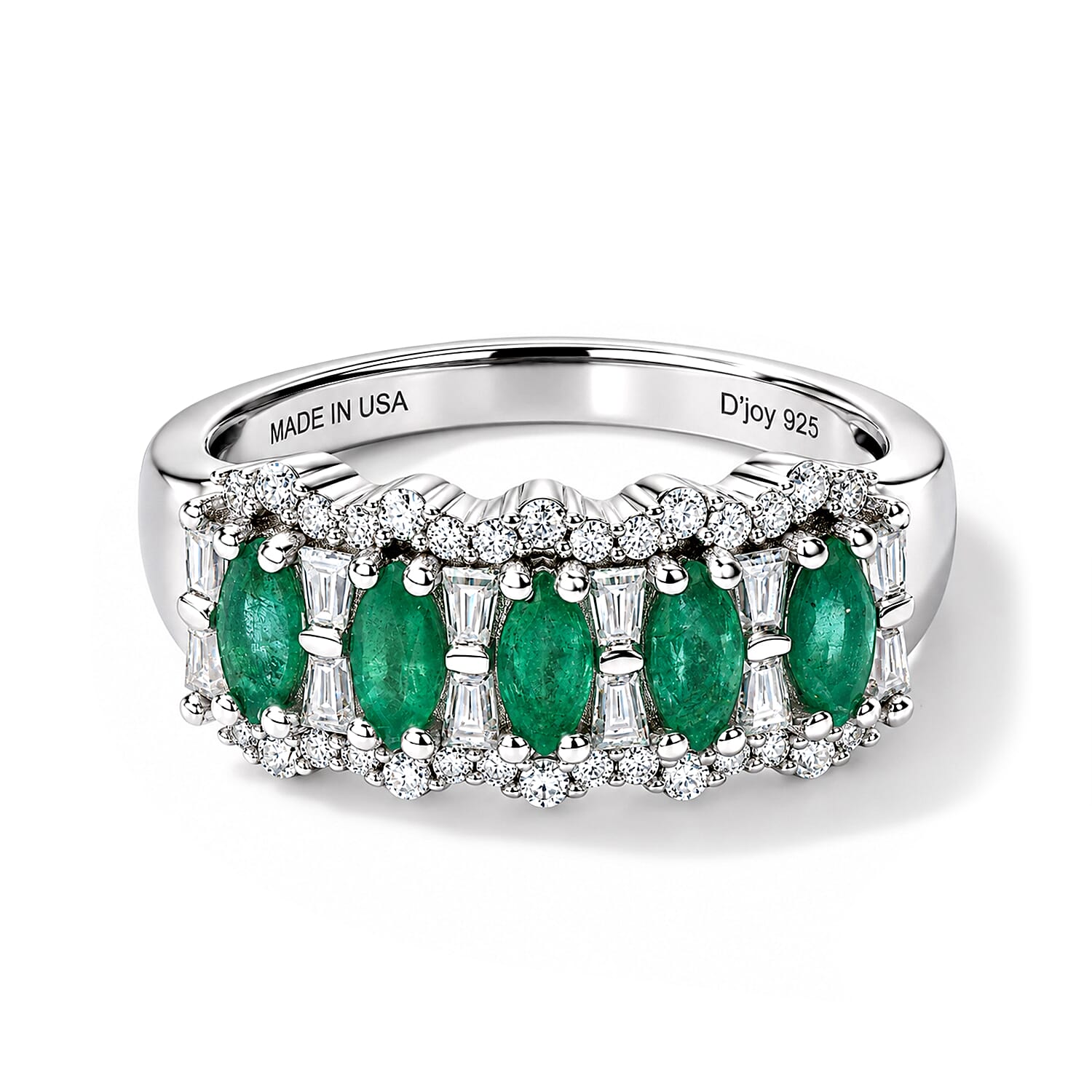 D'Joy Premium Kagem Zambian Emerald and Moissanite 1.20 ctw Royal Cascade Ring in Rhodium Over Sterling Silver (Size 7.0)