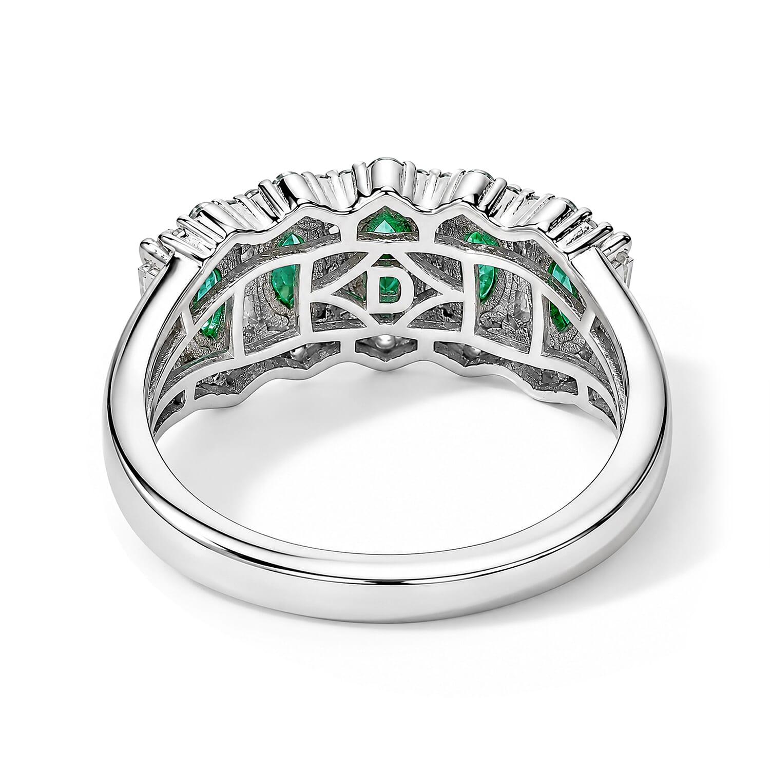 D'Joy Premium Kagem Zambian Emerald and Moissanite 1.20 ctw Royal Cascade Ring in Rhodium Over Sterling Silver (Size 7.0)