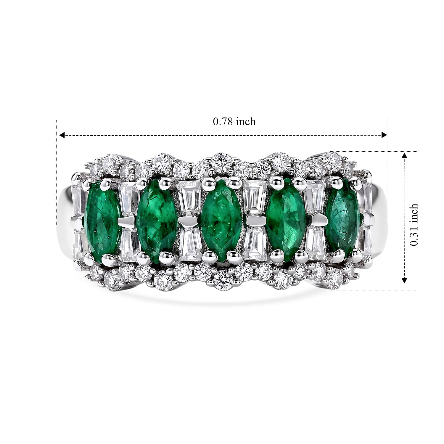 D'Joy Premium Kagem Zambian Emerald and Moissanite 1.20 ctw Royal Cascade Ring in Rhodium Over Sterling Silver (Size 7.0)