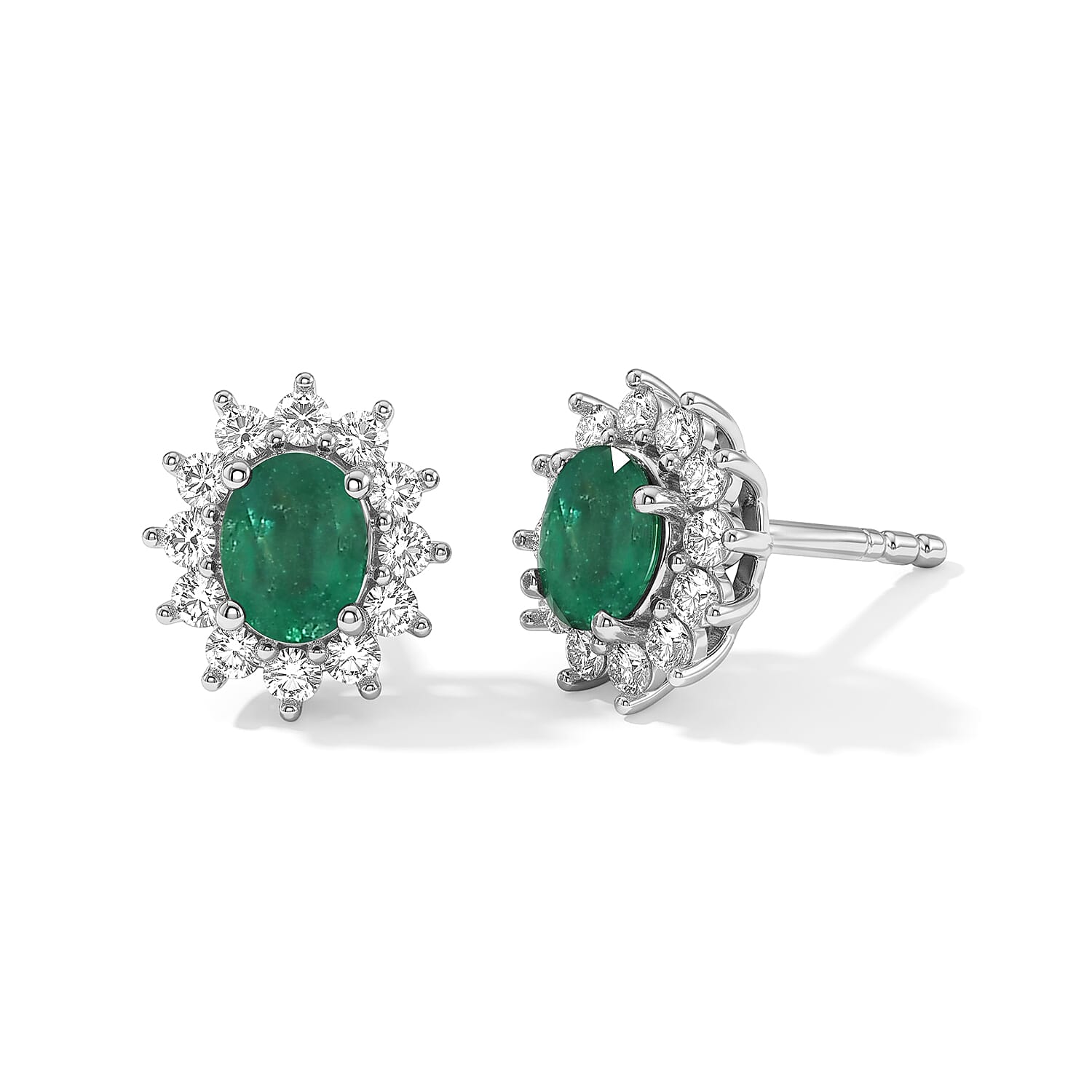 D'Joy Premium Kagem Zambian Emerald and White Zircon 1.10 ctw Earrings in Rhodium Over Sterling Silver