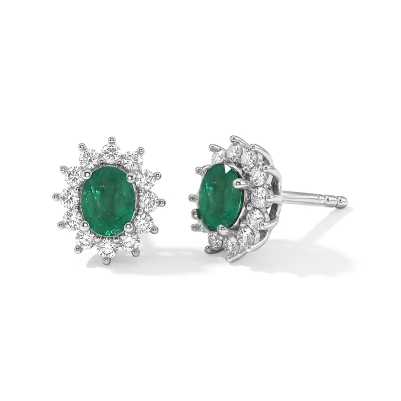 D'Joy Premium Kagem Zambian Emerald and White Zircon 1.10 ctw Earrings in Rhodium Over Sterling Silver
