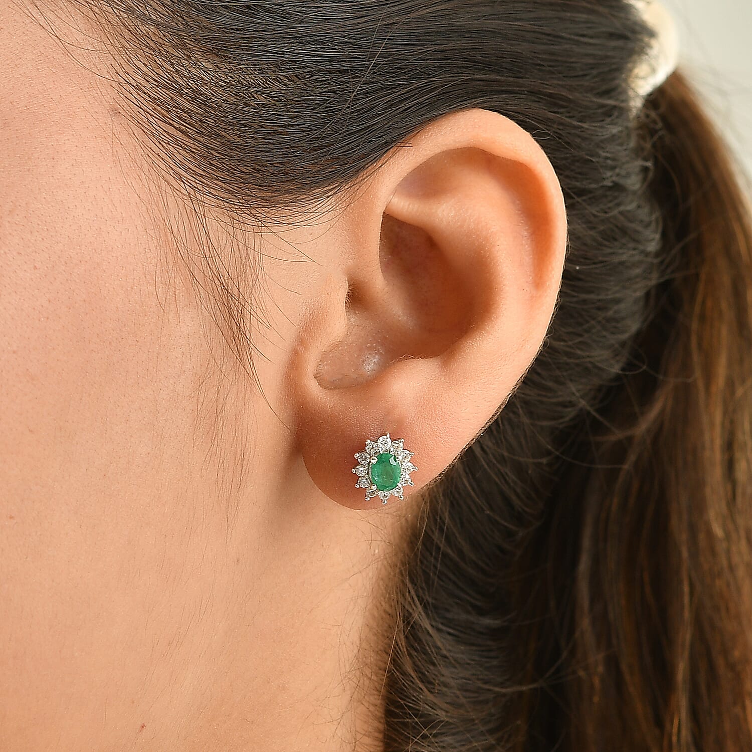 D'Joy Premium Kagem Zambian Emerald and White Zircon 1.10 ctw Earrings in Rhodium Over Sterling Silver