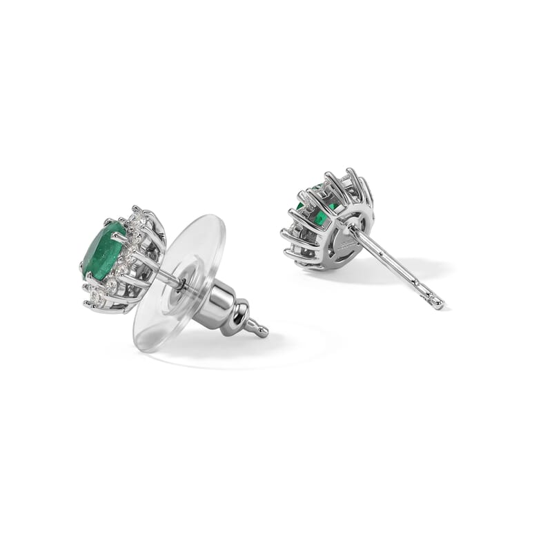 D'Joy Premium Kagem Zambian Emerald and White Zircon 1.10 ctw Earrings in Rhodium Over Sterling Silver