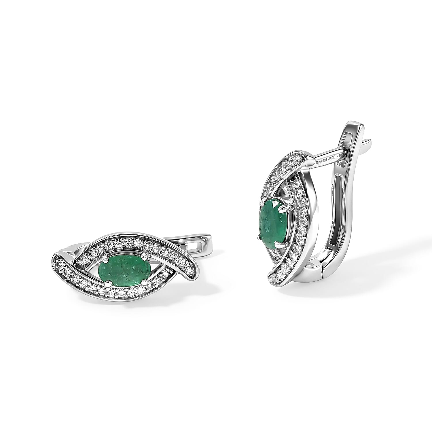 D'Joy Premium Kagem Zambian Emerald and White Zircon 0.75 ctw Earrings in Rhodium Over Sterling Silver