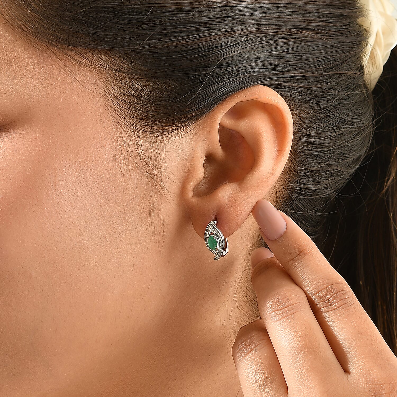 D'Joy Premium Kagem Zambian Emerald and White Zircon 0.75 ctw Earrings in Rhodium Over Sterling Silver