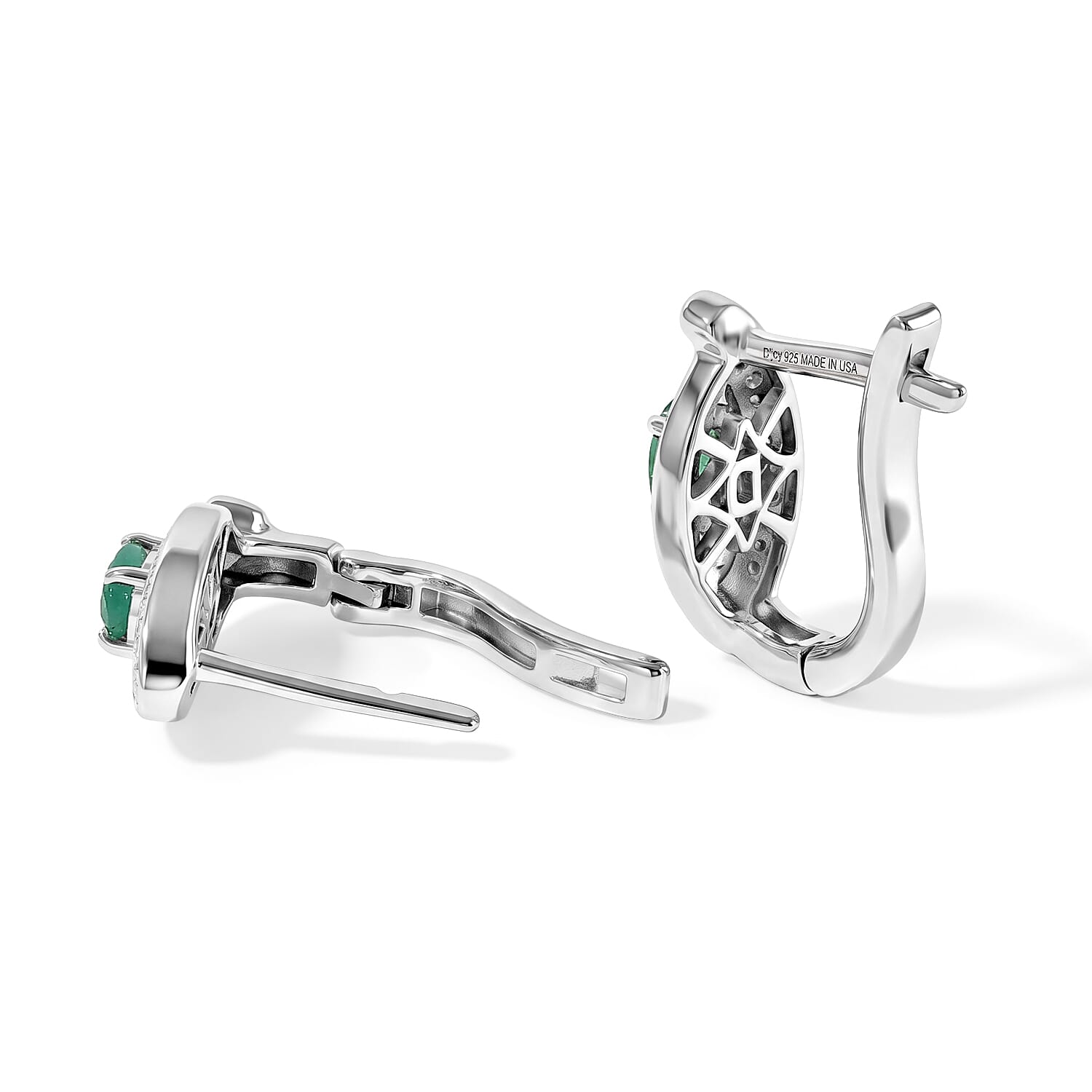 D'Joy Premium Kagem Zambian Emerald and White Zircon 0.75 ctw Earrings in Rhodium Over Sterling Silver
