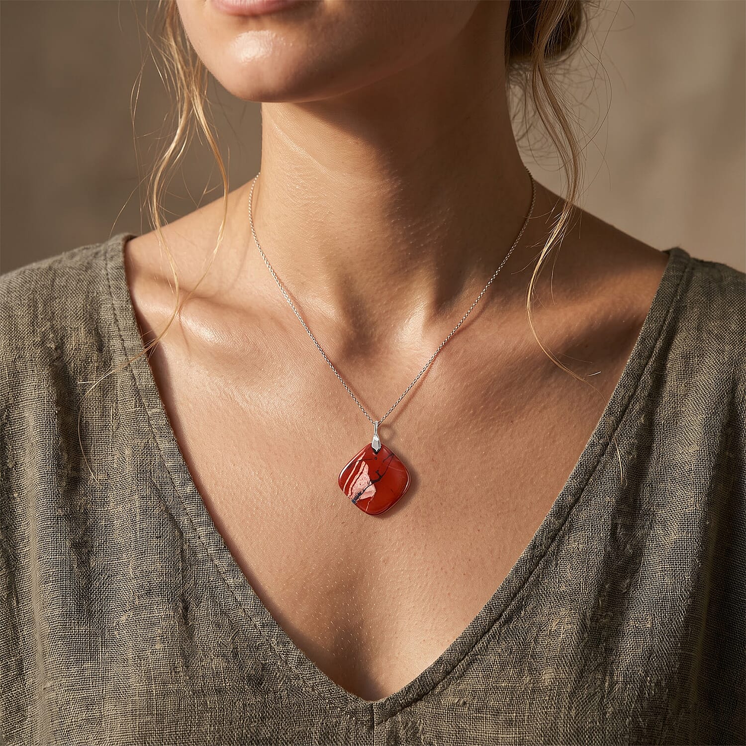 Red Agate and Picture Jasper 53.00 ctw Freeform Pendant without Chain in Stainless Steel