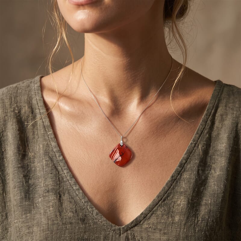 Red Agate and Picture Jasper 53.00 ctw Freeform Pendant without Chain in Stainless Steel