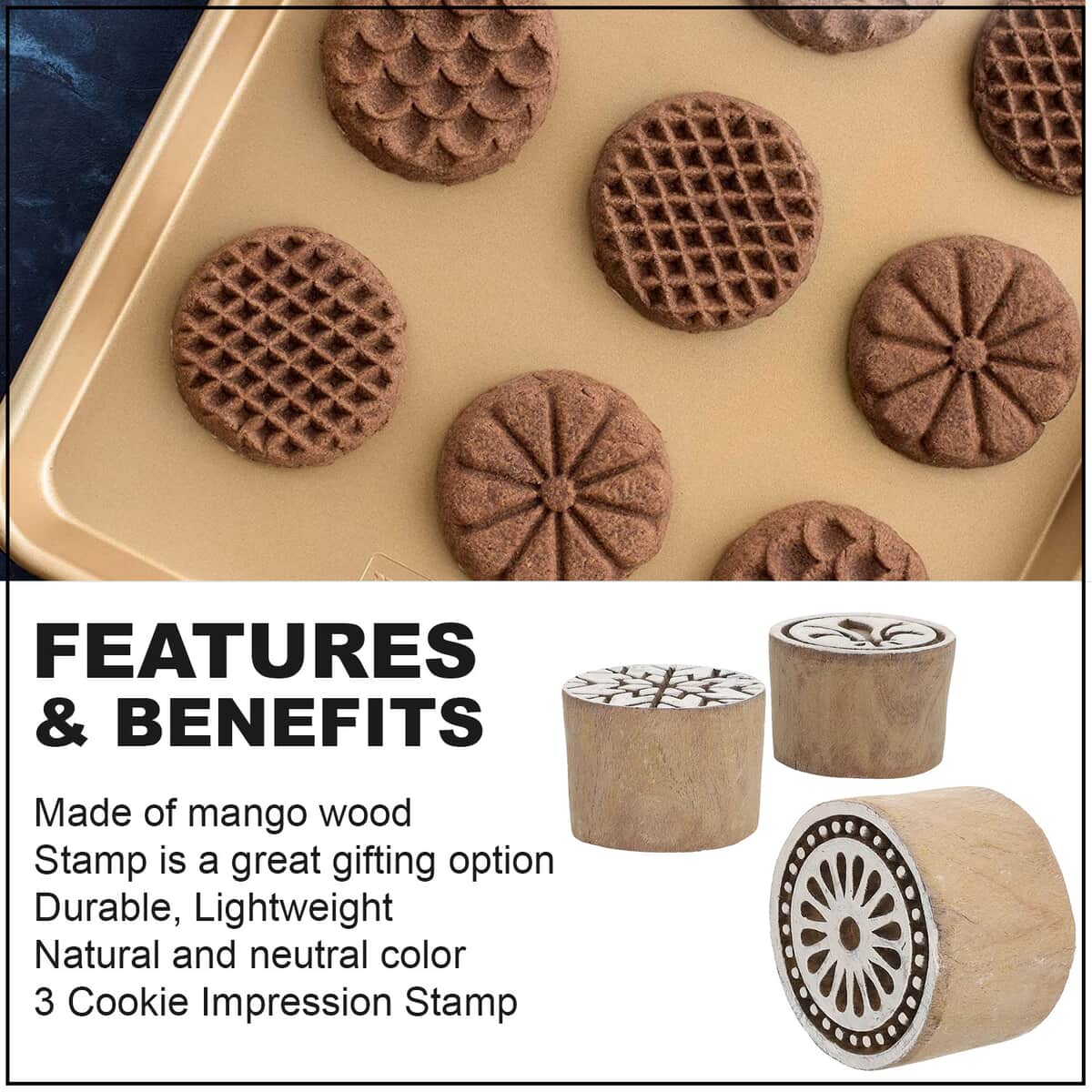 Natural Color Mango Wooden Cookie Impression Stamp image number 2