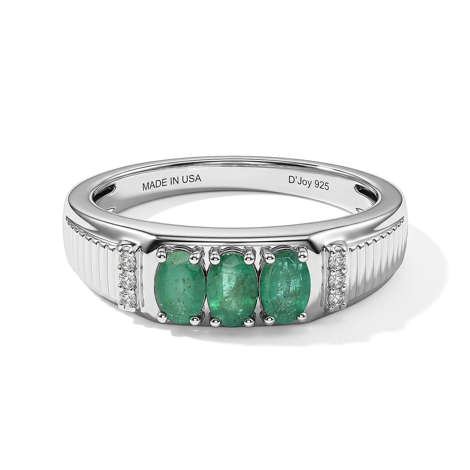 D'Joy Premium Kagem Zambian Emerald and White Zircon 0.70 ctw Band Ring in Rhodium Over Sterling Silver (Size 10.0)