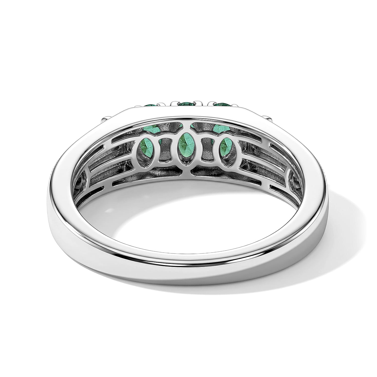 D'Joy Premium Kagem Zambian Emerald and White Zircon 0.70 ctw Band Ring in Rhodium Over Sterling Silver (Size 10.0)
