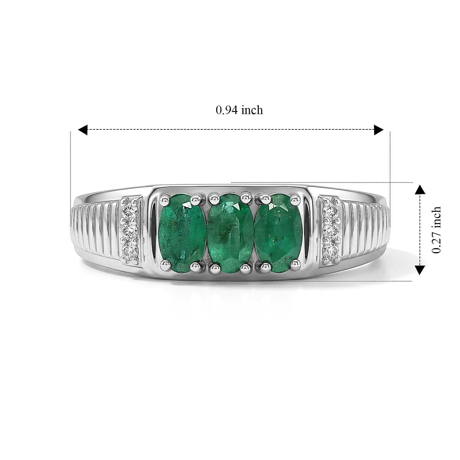 D'Joy Premium Kagem Zambian Emerald and White Zircon 0.70 ctw Band Ring in Rhodium Over Sterling Silver (Size 10.0)