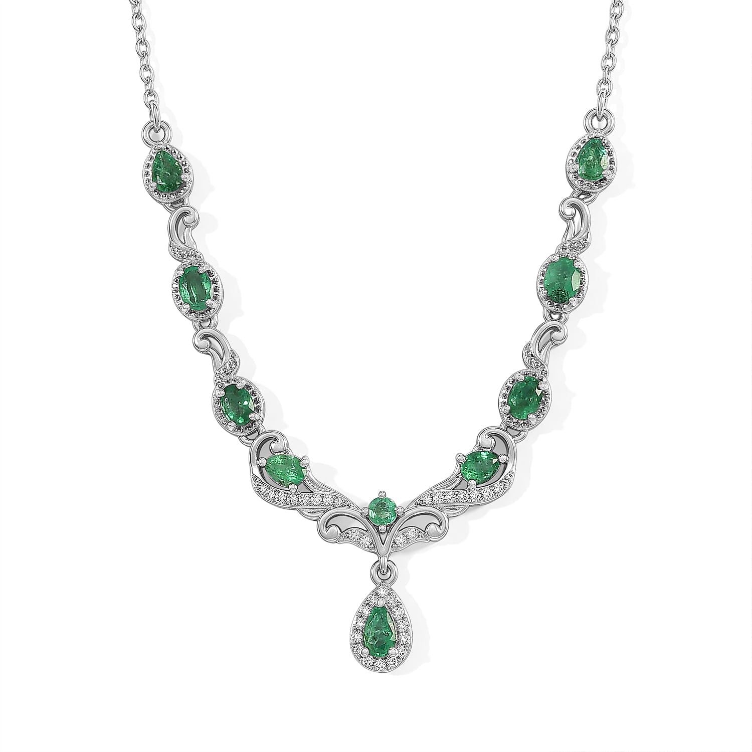 D''Joy Premium Kagem Zambian Emerald and White Zircon 1.80 ctw Cluster Necklace (18-20 Inches) in Rhodium Over Sterling Silver