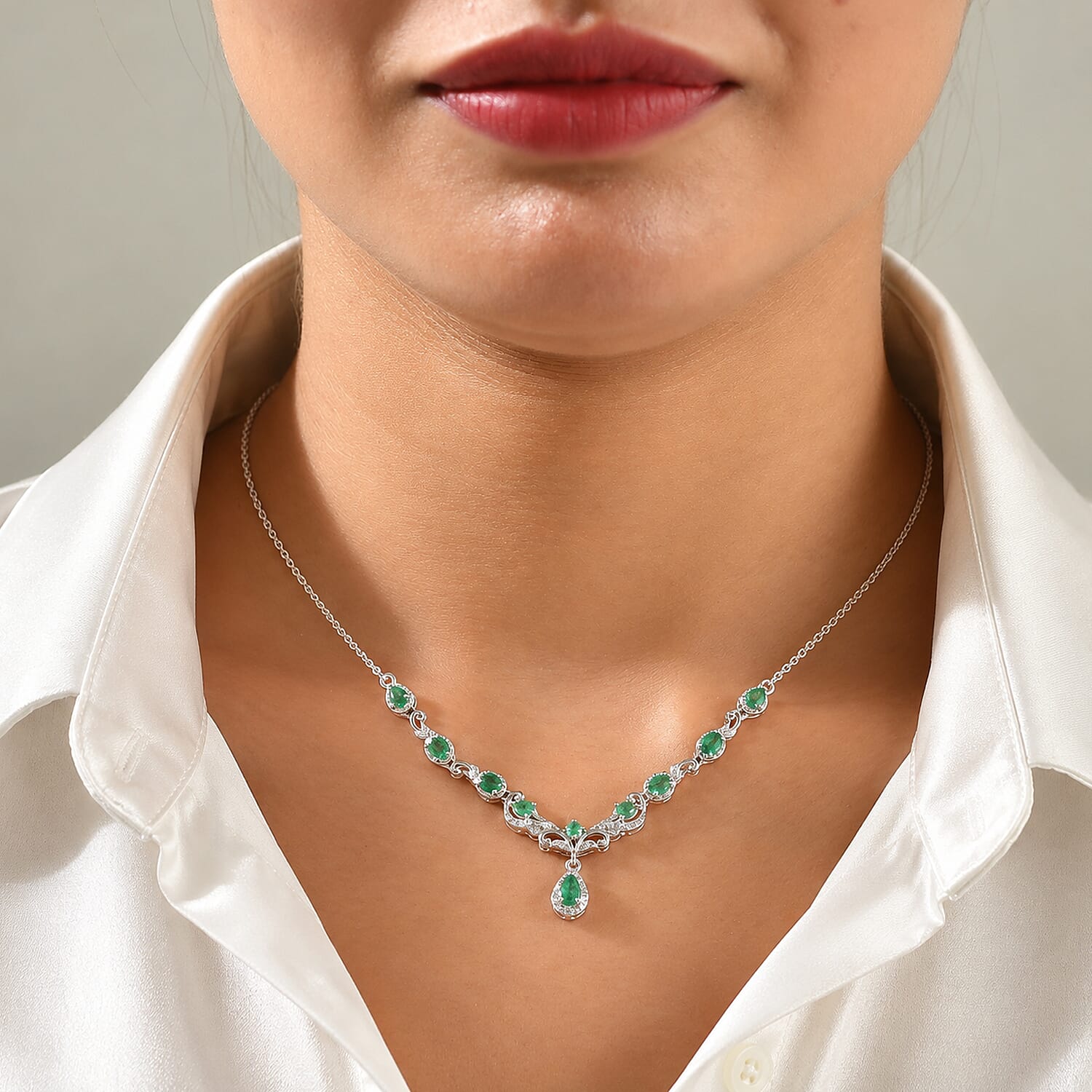 D'Joy Premium Kagem Zambian Emerald and White Zircon 1.80 ctw Vintage Scroll Necklace (18-20 Inches) in Rhodium Over Sterling Silver