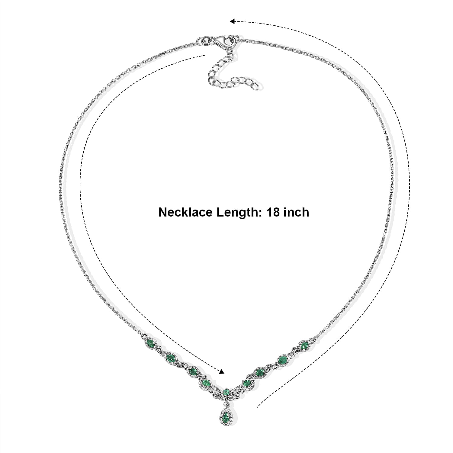 D'Joy Premium Kagem Zambian Emerald and White Zircon 1.80 ctw Vintage Scroll Necklace (18-20 Inches) in Rhodium Over Sterling Silver