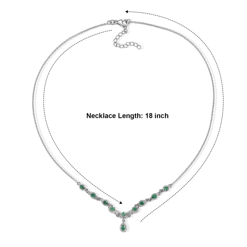D'Joy Premium Kagem Zambian Emerald and White Zircon 1.80 ctw Vintage Scroll Necklace (18-20 Inches) in Rhodium Over Sterling Silver