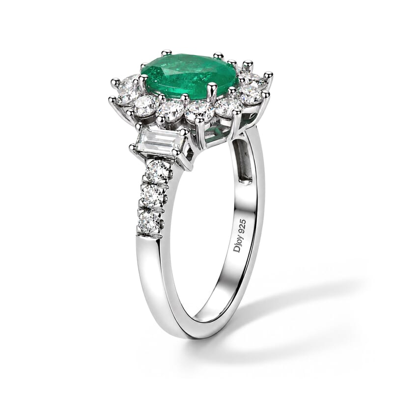 D'Joy Premium Kagem Zambian Emerald and Moissanite 2.25 ctw Floral Radiance Ring in Rhodium Over Sterling Silver (Size 5.0)