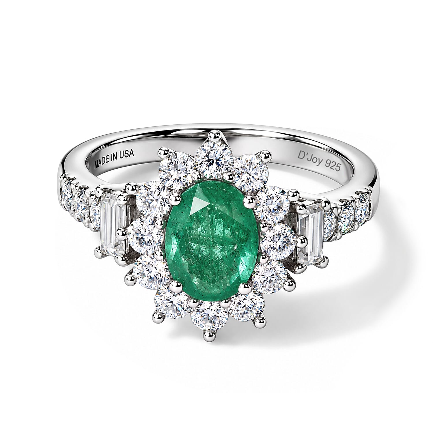 D'Joy Premium Kagem Zambian Emerald and Moissanite 2.00 ctw Floral Radiance Ring in Rhodium Over Sterling Silver (Size 6.0)