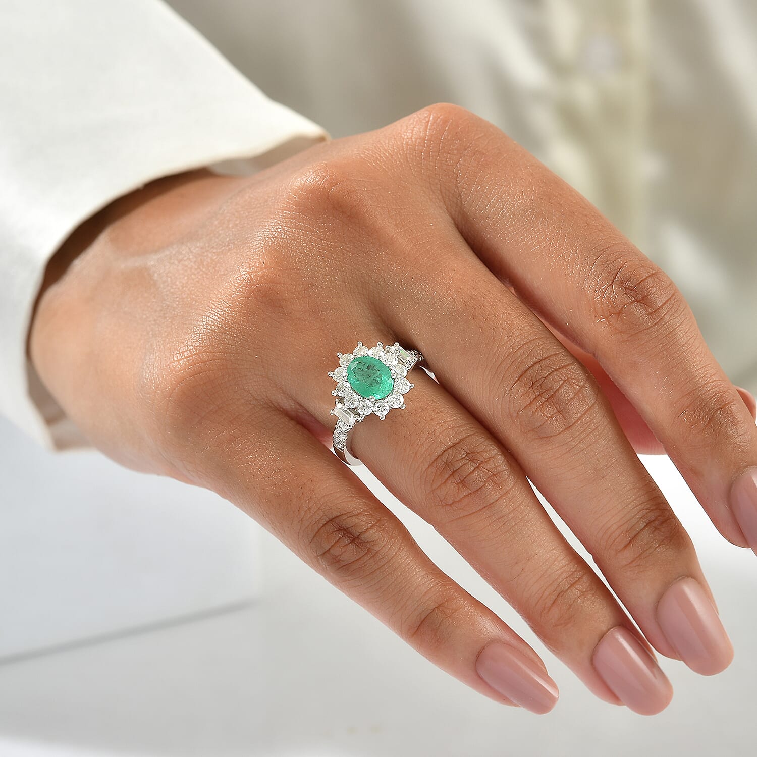 D'Joy Premium Kagem Zambian Emerald and Moissanite 2.00 ctw Floral Radiance Ring in Rhodium Over Sterling Silver (Size 6.0)