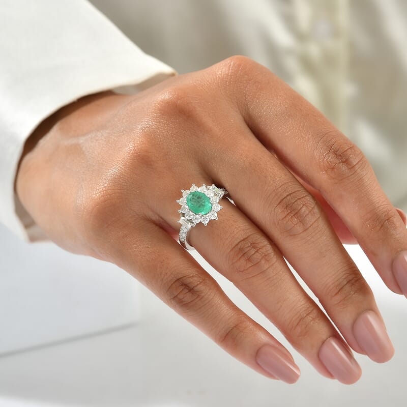 D'Joy Premium Kagem Zambian Emerald and Moissanite 2.00 ctw Floral Radiance Ring in Rhodium Over Sterling Silver (Size 6.0)