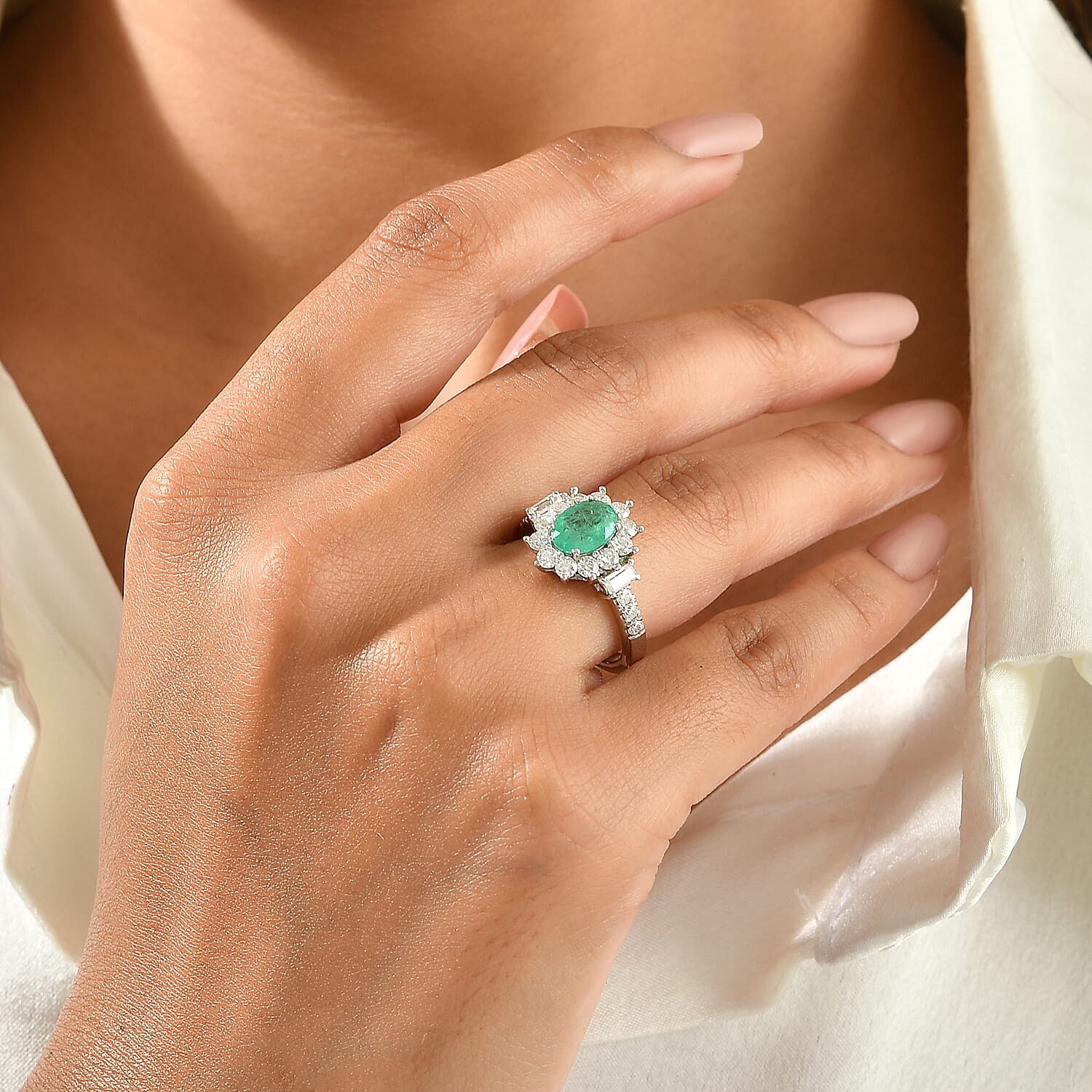 D'Joy Premium Kagem Zambian Emerald and Moissanite 2.00 ctw Floral Radiance Ring in Rhodium Over Sterling Silver (Size 6.0)