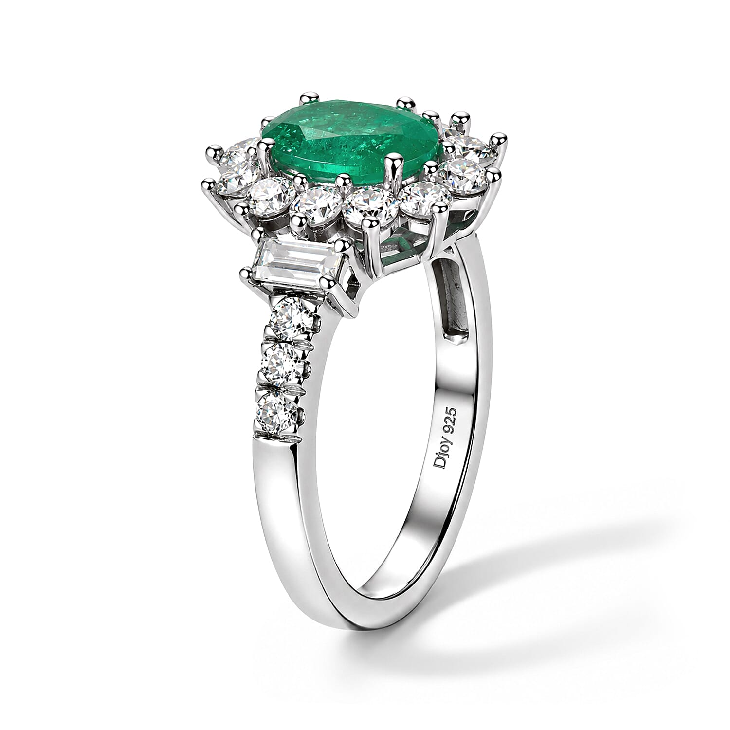 D'Joy Premium Kagem Zambian Emerald and Moissanite 2.00 ctw Floral Radiance Ring in Rhodium Over Sterling Silver (Size 6.0)