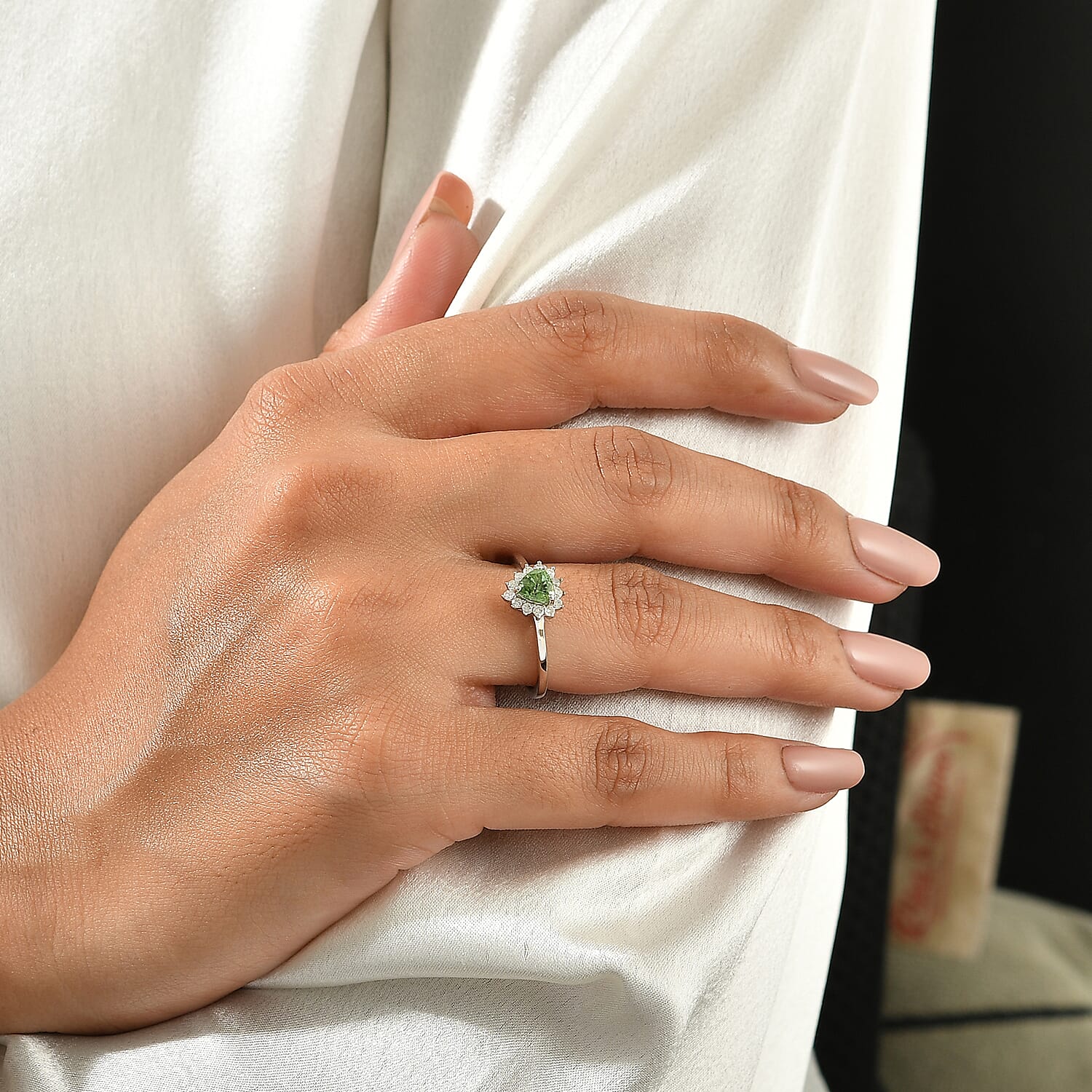 D'Joy AAA Arquiana Mint Tourmaline and Diamond 0.70 ctw Ring in Rhodium Over Sterling Silver (Size 6.0)