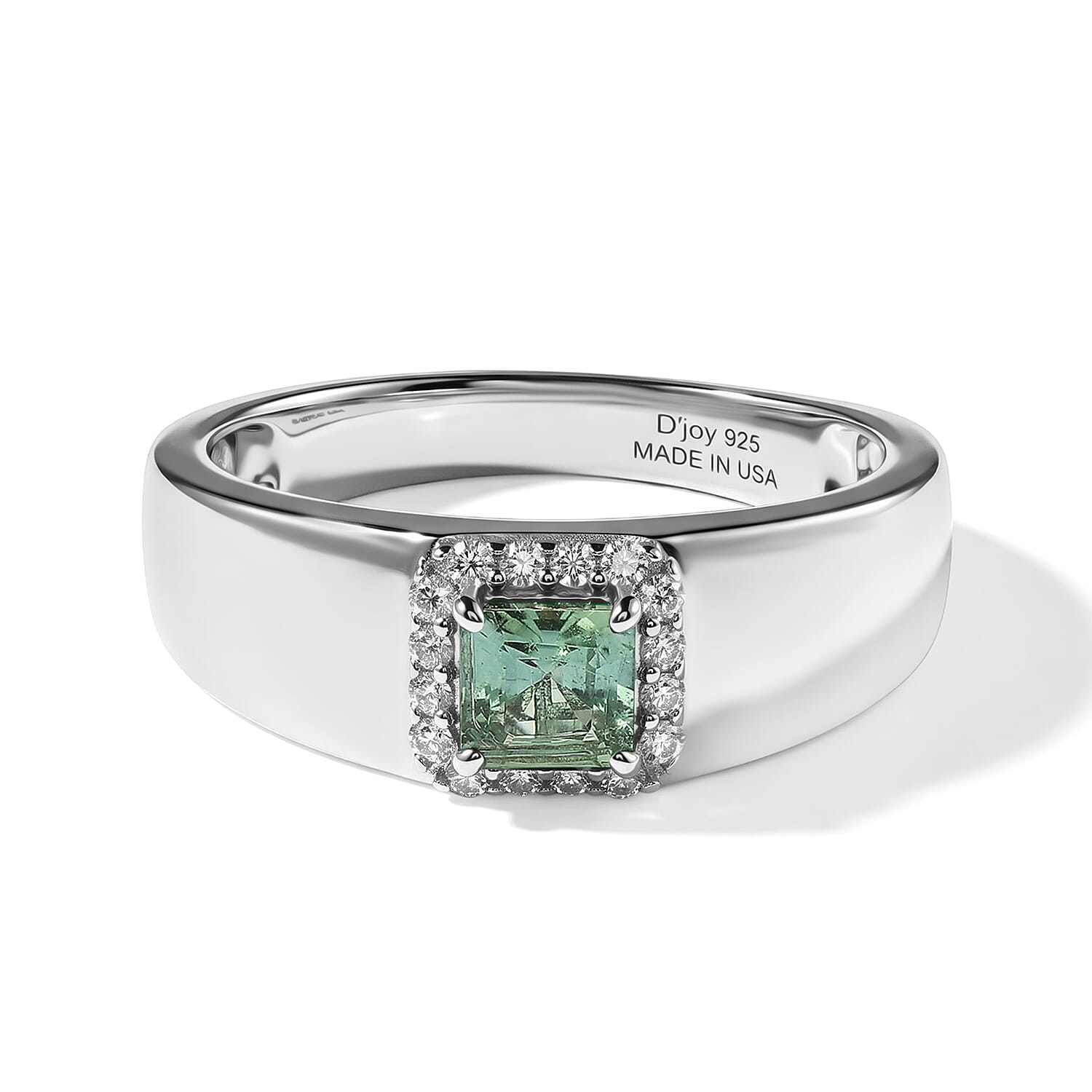 D'Joy Asscher Cut AAA Mint Tourmaline, White Diamond Ring in Rhodium Over Sterling Silver (Size 9.0) 0.90 ctw