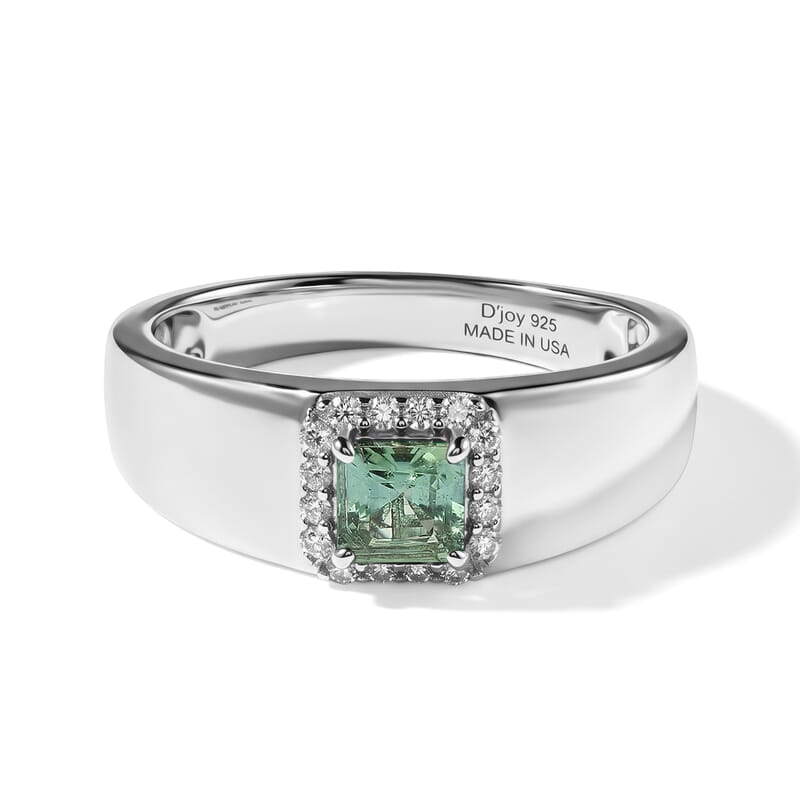 D'Joy Asscher Cut AAA Mint Tourmaline, White Diamond Ring in Rhodium Over Sterling Silver (Size 9.0) 0.90 ctw