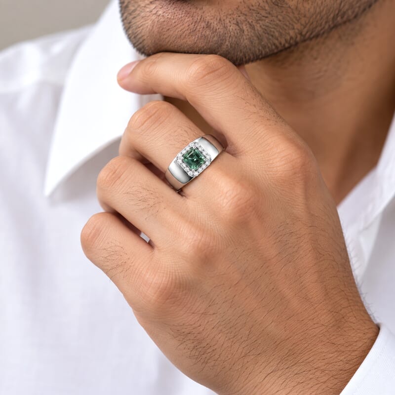 D'Joy Asscher Cut AAA Mint Tourmaline, White Diamond Ring in Rhodium Over Sterling Silver (Size 9.0) 0.90 ctw