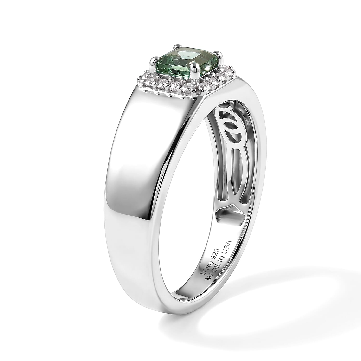 D'Joy Asscher Cut AAA Mint Tourmaline, White Diamond Ring in Rhodium Over Sterling Silver (Size 9.0) 0.90 ctw