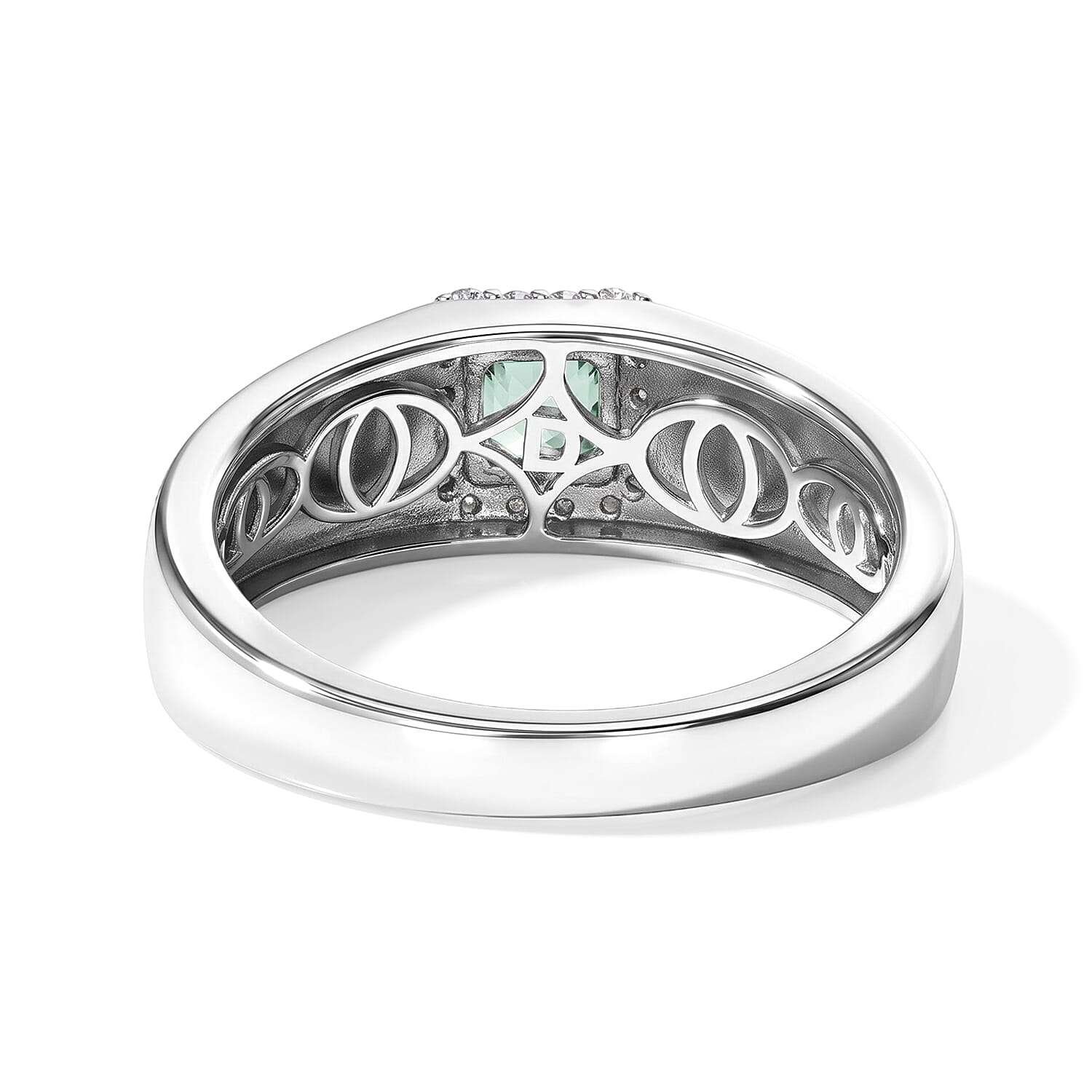 D'Joy Asscher Cut AAA Mint Tourmaline, White Diamond Ring in Rhodium Over Sterling Silver (Size 9.0) 0.90 ctw