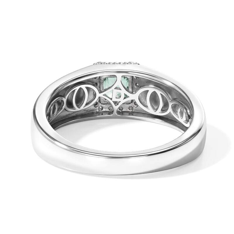 D'Joy Asscher Cut AAA Mint Tourmaline, White Diamond Ring in Rhodium Over Sterling Silver (Size 9.0) 0.90 ctw