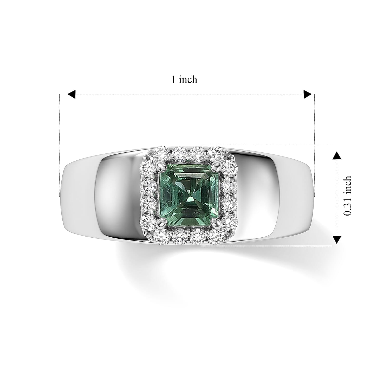 D'Joy Asscher Cut AAA Mint Tourmaline, White Diamond Ring in Rhodium Over Sterling Silver (Size 9.0) 0.90 ctw
