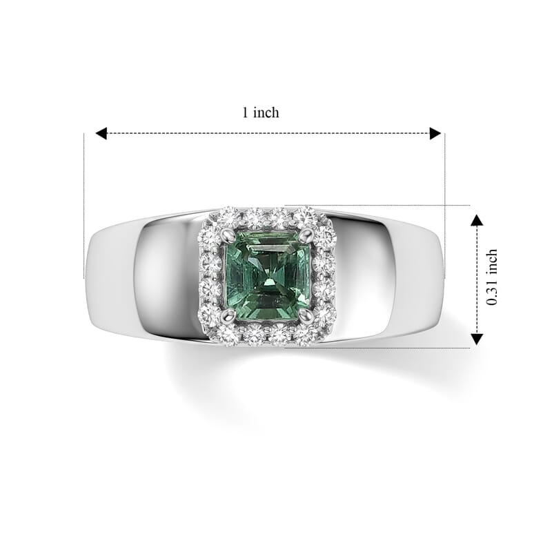 D'Joy Asscher Cut AAA Mint Tourmaline, White Diamond Ring in Rhodium Over Sterling Silver (Size 9.0) 0.90 ctw