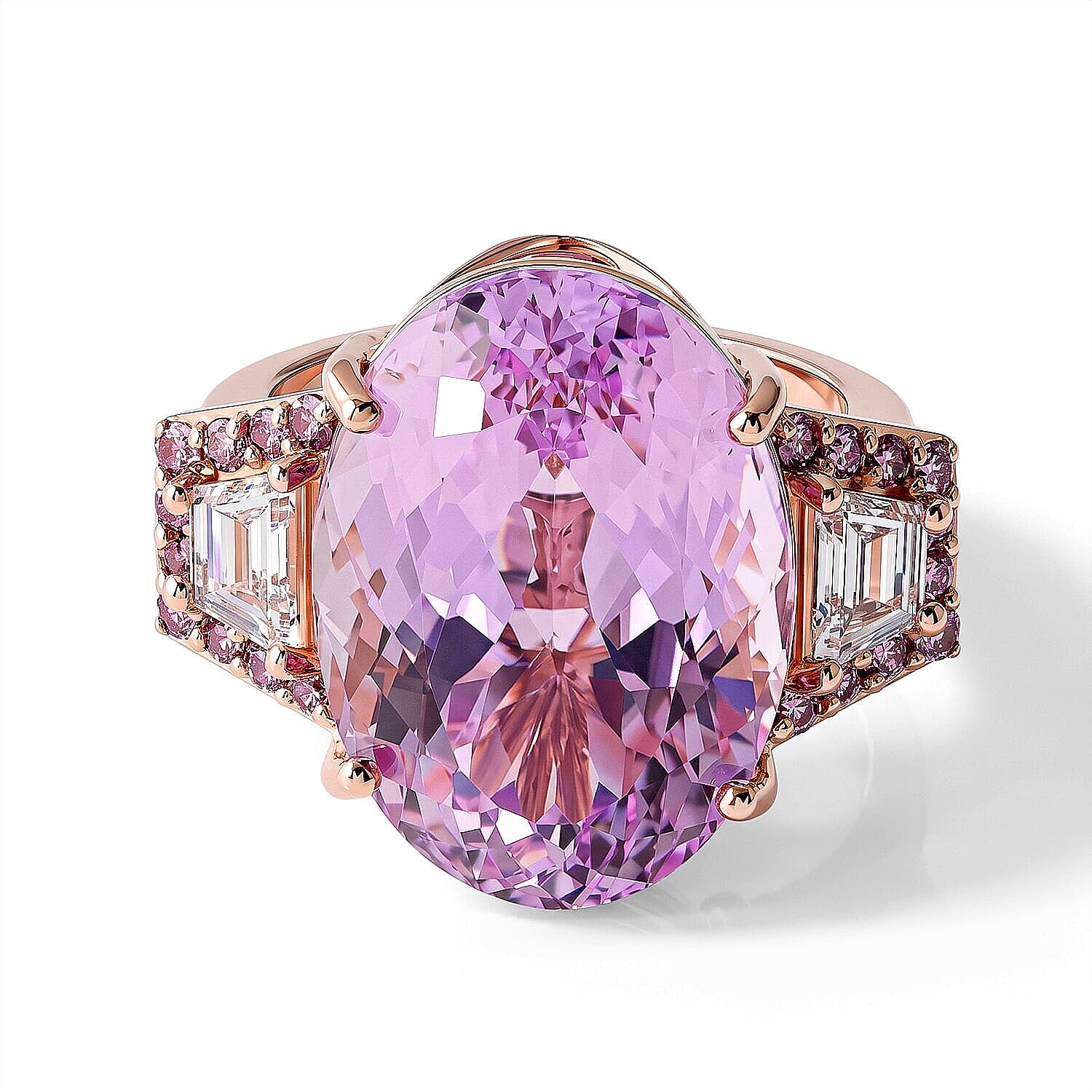 AAA Martha Rocha Kunzite, Lab Grown White and Pink Diamond VS 17.40 ctw Crown Jewel Ring in 10K Rose Gold (Size 5.0) 4 Grams
