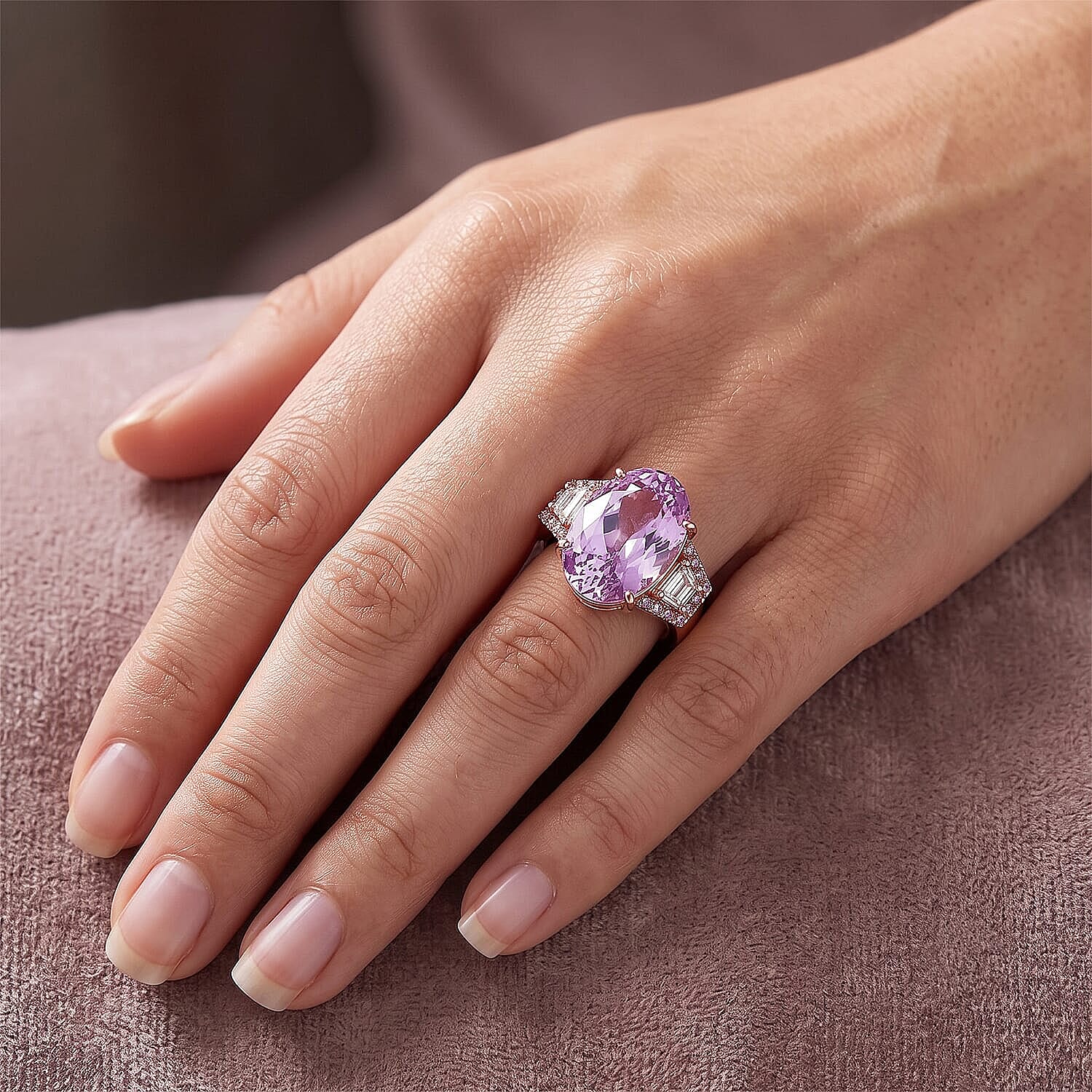 AAA Martha Rocha Kunzite, Lab Grown White and Pink Diamond VS 17.40 ctw Crown Jewel Ring in 10K Rose Gold (Size 5.0) 4 Grams